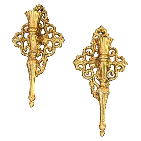 Vintage Gold Tone Metal Wall Hanging Candle Sconces Hollywood Regency Set of 2